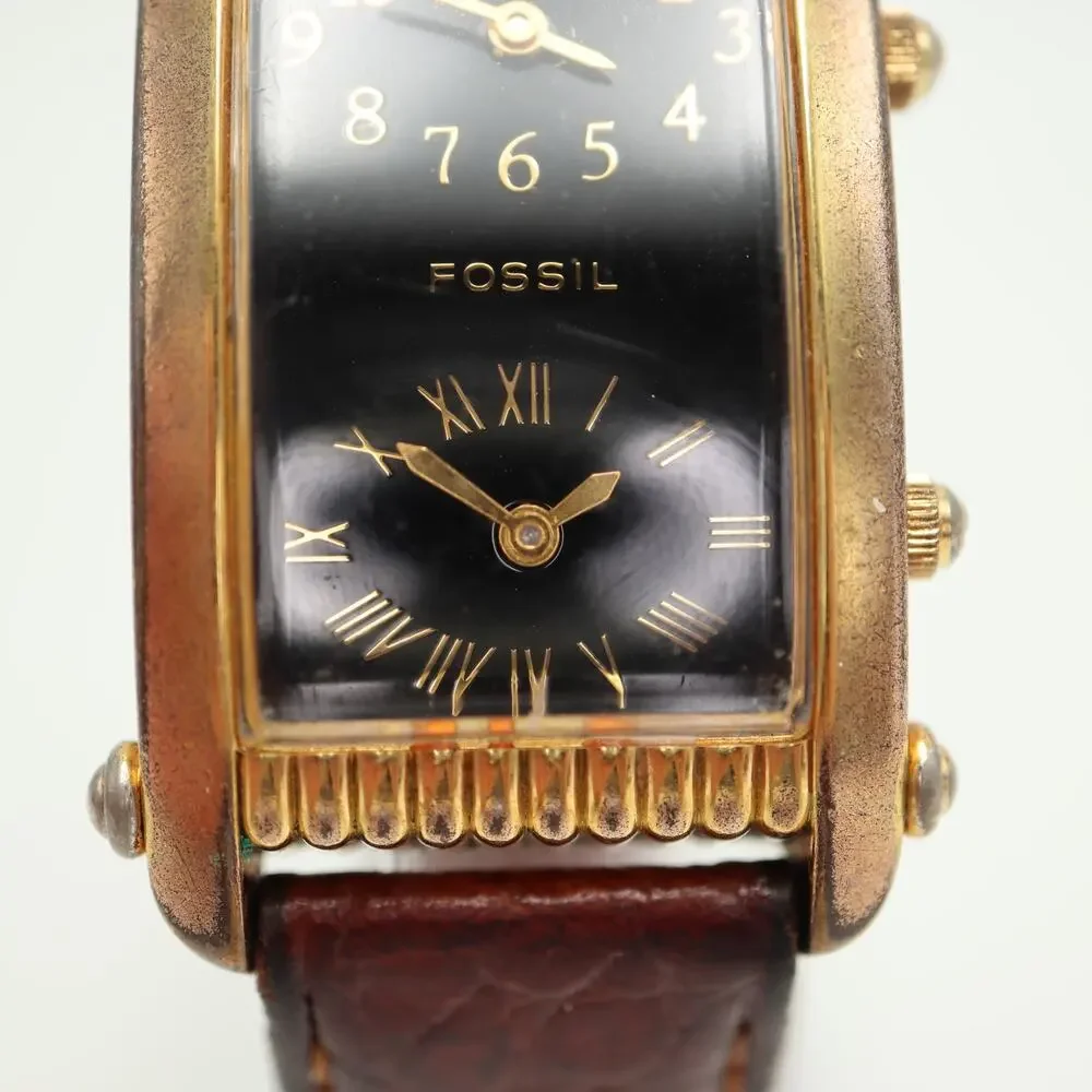 Vintage Fossil Dual Time 25mm Tank Watch Gold Tone Curved Black Dial New Battery